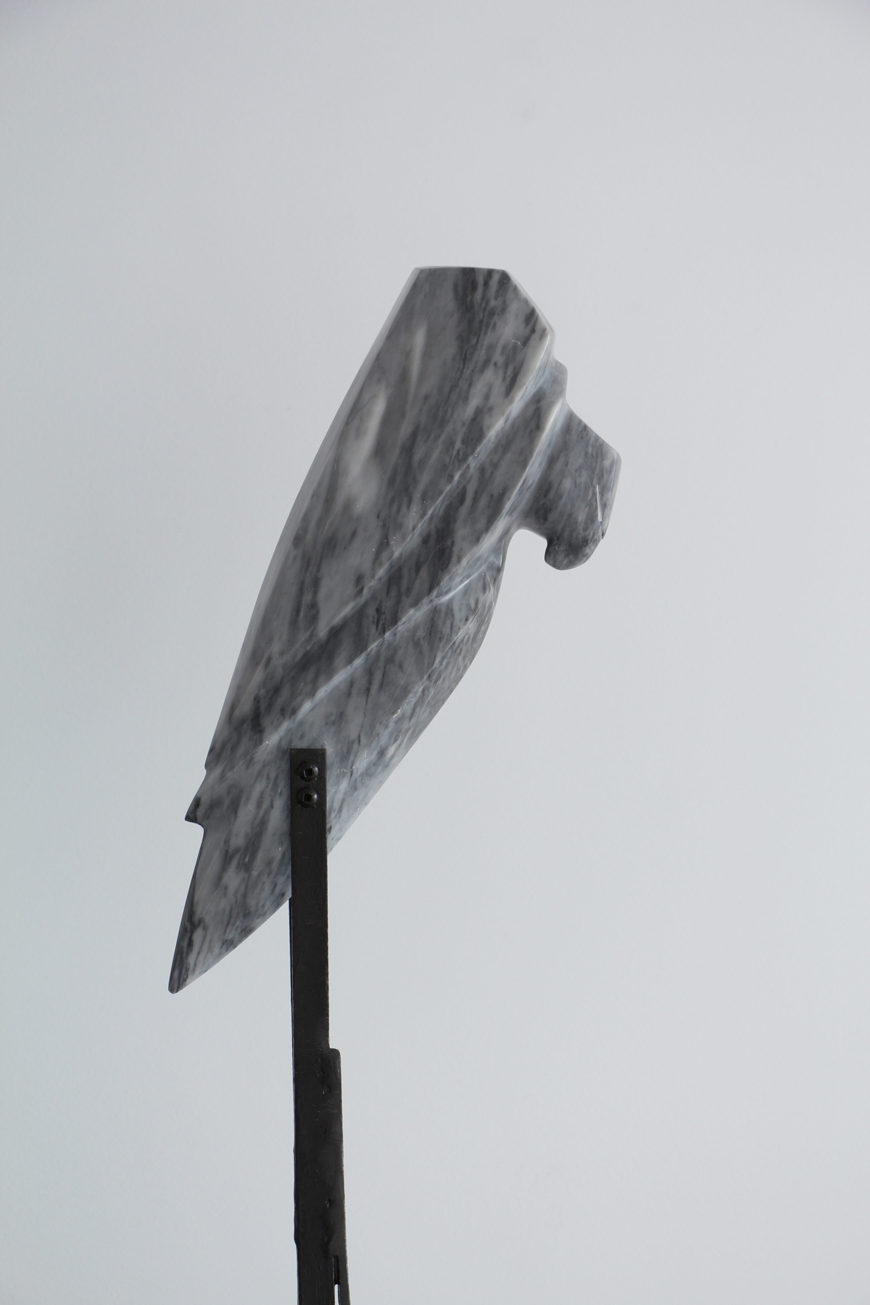 Sculpture en marbre gris en forme de tête de rapace, montée sur un support métallique noir surélevé, posé sur un socle en pierre blanche.