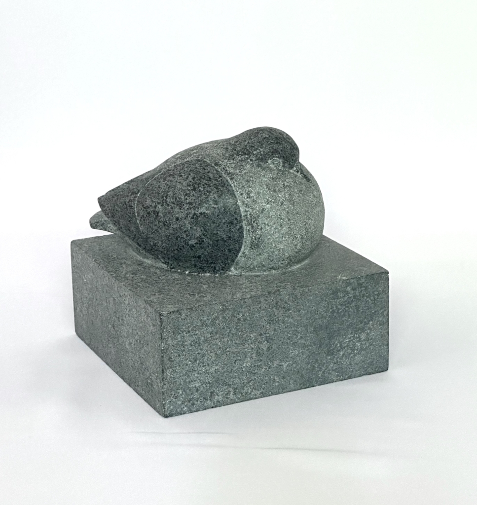 Sculpture lisse en pierre à savon grise représentant un pigeon endormi et recroquevillé, posée sur une base cubique en pierre grise assortie.