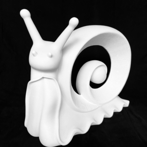 White marble sculpture of a snail with an extended head and a spiraling shell.